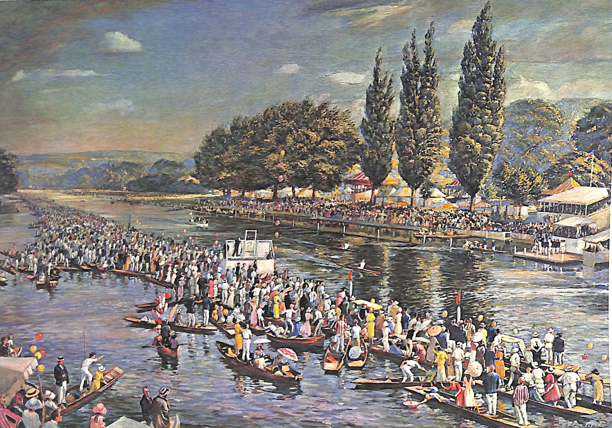 Impressionist oil painting of the Henley Royal Regatta by Victor Elford, with crowds of spectators, punts, striped tents, and tall poplar trees along the Thames